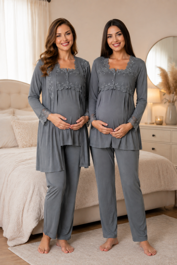 Effortt 2401 Koyu Gri Sabahlıklı Lohusa Pijama Takımı